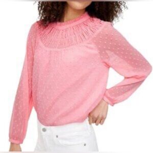 J.CREW Pink Swiss Dot Smocked Neck Long Sleeve Blouse